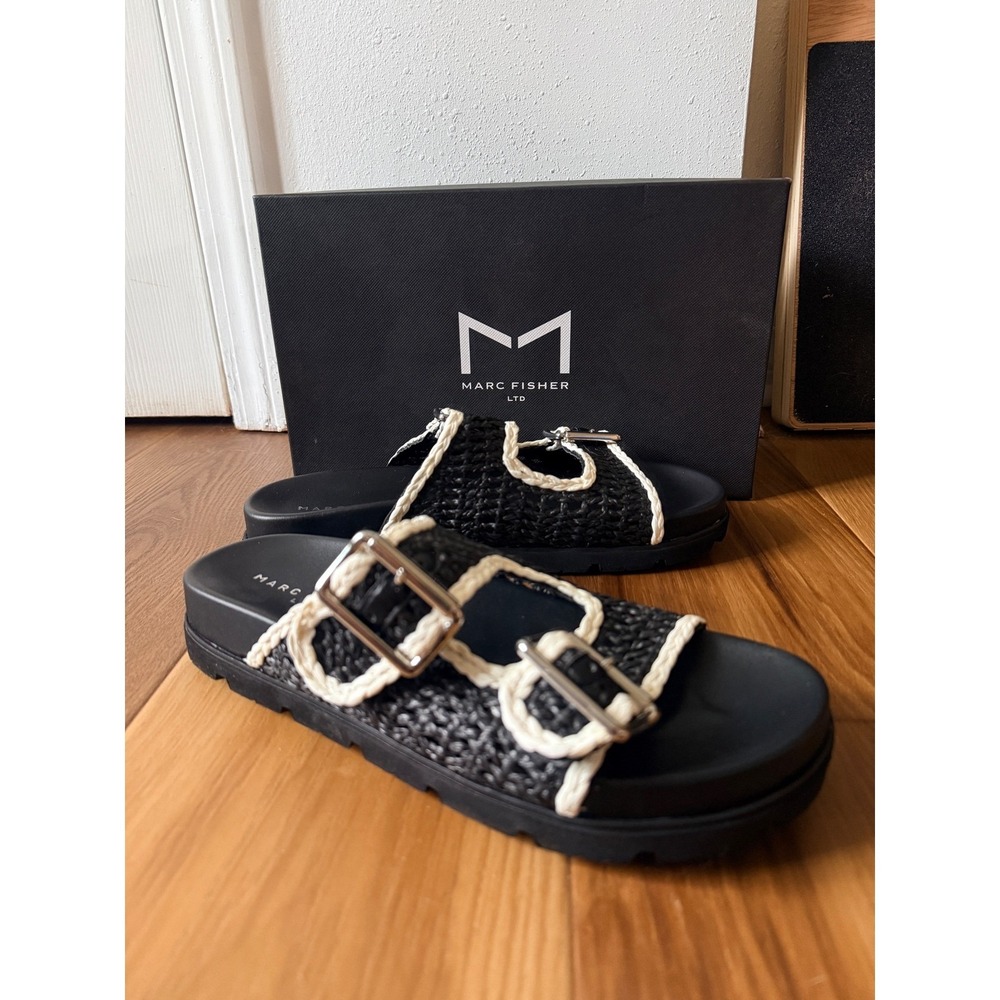 Marc Fisher LTD Mylan Black Woven Raffia Double Strap Slide Sandals Womens 5.5 M